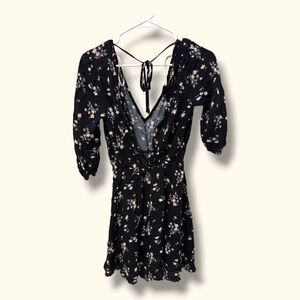 Rue21 Dress Womens S Black Floral V Neck Tie Back Rayon Empire Waist Mini Boho